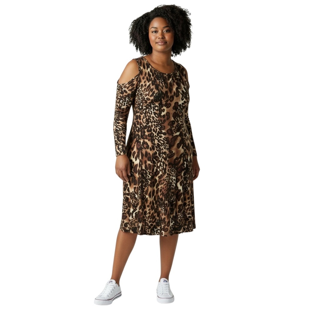 Susan Graver Leopard Print Cold-Shoulder Long Sleeve Dress Women’s Size L - Picture 1 of 7